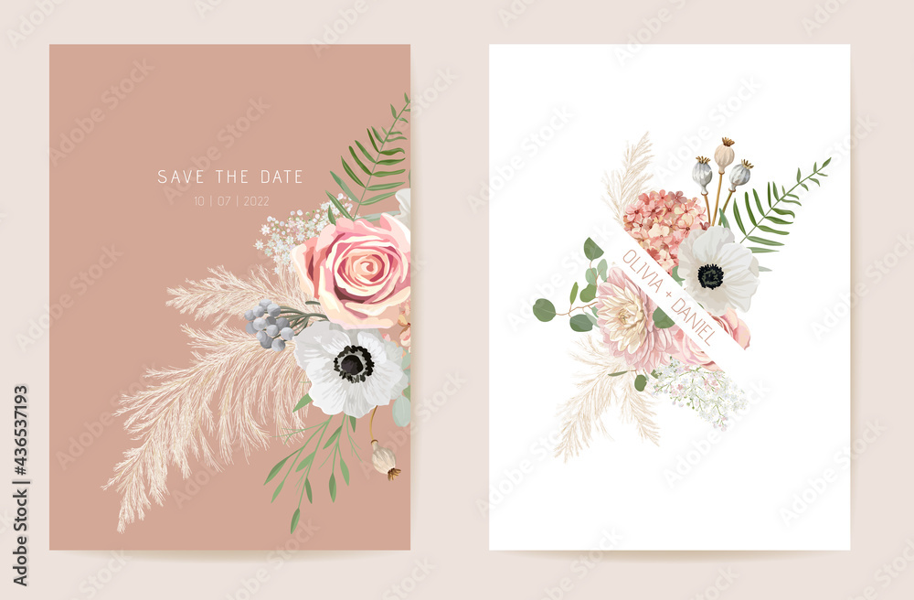 Wedding summer floral invitation, dry flowers, dried pampas grass card, watercolor template vector - obrazy, fototapety, plakaty 