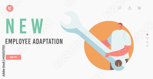 New Employee Adaptation Landing Page Template. Businessman Character Holding Huge Wrench. Personnel Motivation