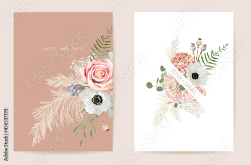 Wedding summer floral invitation, dry flowers, dried pampas grass card, watercolor template vector