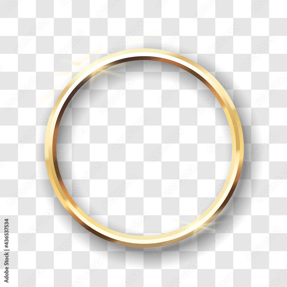 Golden circle frame isolated. Template gold ring for photo, picture or mirror with 3d shining effect - obrazy, fototapety, plakaty 