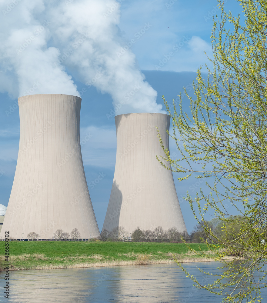 Branch with green leaves against nuclear power plant. Branch with green leaves against nuclear power plant.