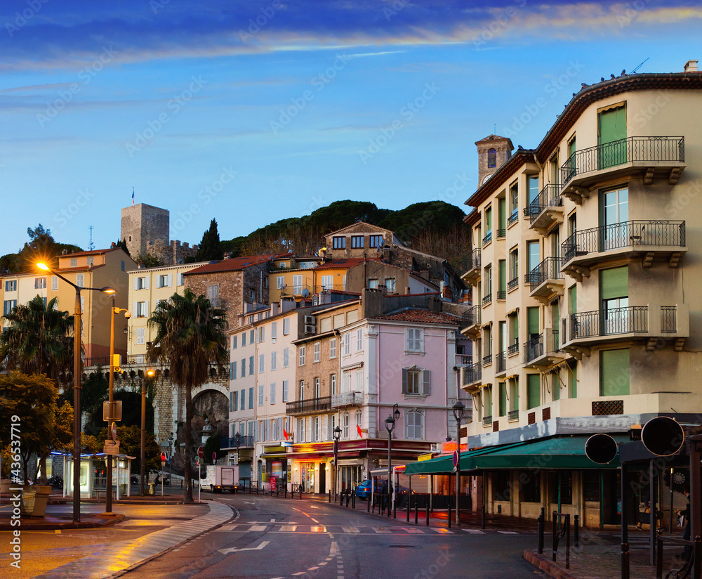 Streets of Cannes in the evening in France outside.