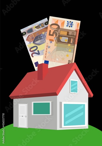 Ahorrar para comprar una vivienda o casa. Casa hucha con billete de 20 y 50 euros introduciéndose en la casa sobre fondo negro
