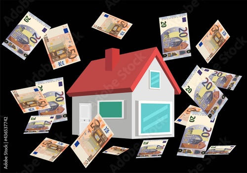 El precio de la vivienda. Casa con billetes de 20 y 50 euros alrededor sobre fondo negro. Hipoteca