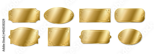 Gold or brass plates, golden name plaques mockup. Metal identification tags frame for nameplate photo