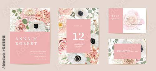 Modern minimal floral wedding vector Invitation set. Boho anemone, pampas grass, rose card template