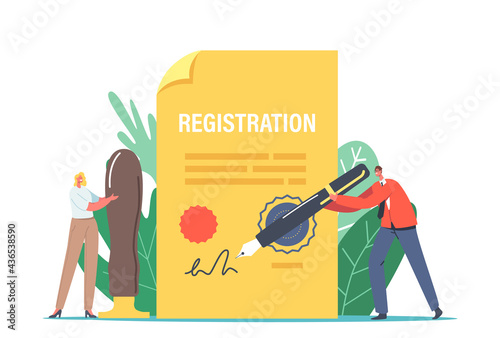 Tiny Characters with Huge Quill Pen and Seal Stamp Signing Paper Document for New Company Registration