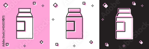 Set Paper package for milk icon isolated on pink and white, black background. Milk packet sign. Vector