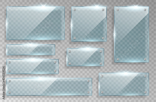 Set of realistic glass nameplates isolated on checkered background. Transparent panel frames