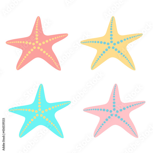 Set of starfish. Collection of sea stars in pastel colors. Flat style. Isolated elements on a white background.