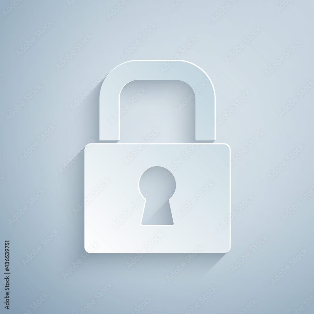 Paper cut Lock icon isolated on grey background. Padlock sign. Security, safety, protection, privacy concept. Paper art style. Vector Paper cut Lock icon isolated on grey background. Padlock sign. Security, safety, protection, privacy concept. Paper art style. Vector
