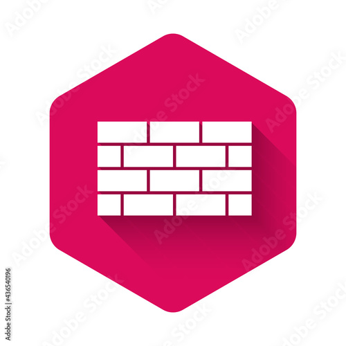 White Firewall, security wall icon isolated with long shadow. Pink hexagon button. Vector
