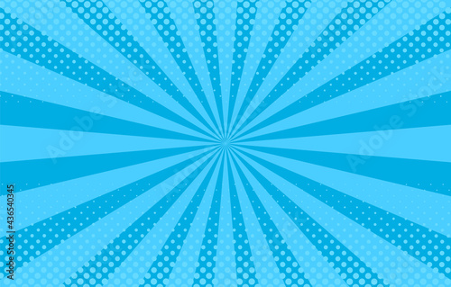 Pop art background. Comic pattern with starburst and halftone. Blue banner with dots and beams. Cartoon retro sunburst effect. Vintage sunshine texture. Funny superhero print. Vector illustration.