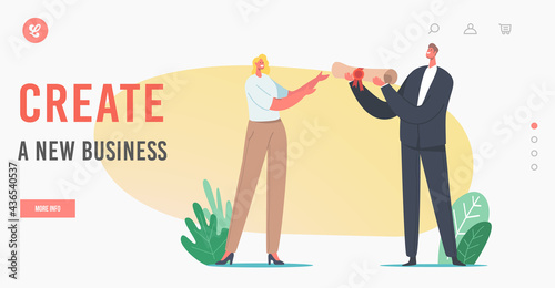 Create New Business, Company Registration Landing Page Template. Notary Male Character Hand over Paper Document Scroll