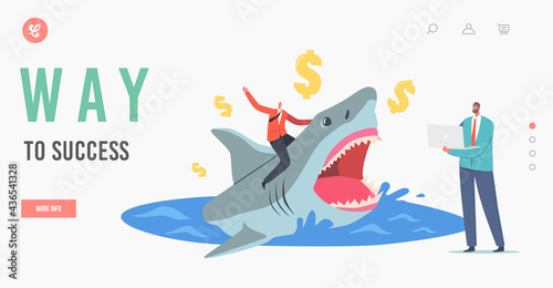 Way to Success Landing Page Template. Entrepreneur Character with Laptop, Brave Businessman Riding Huge Dangerous Shark