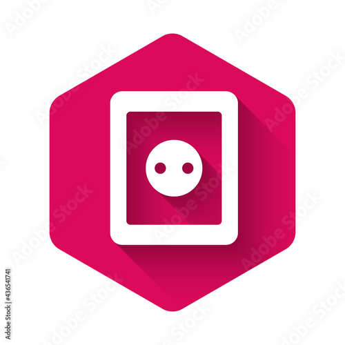 White Electrical outlet icon isolated with long shadow. Power socket. Rosette symbol. Pink hexagon button. Vector