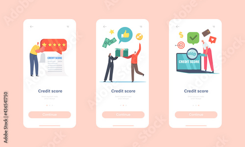 Credit Score Rating Mobile App Page Onboard Screen Template. Characters Take Credit in Bank. Client Creditworthiness