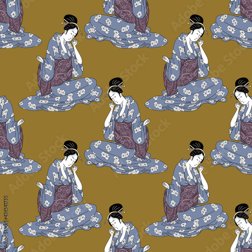 Seamless geometrical pattern with silhouettes of sitting Japanese girl or geisha in kimono. Ethnic style.