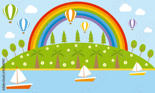 Landscape with rainbow, hot air balloons, boats and trees.