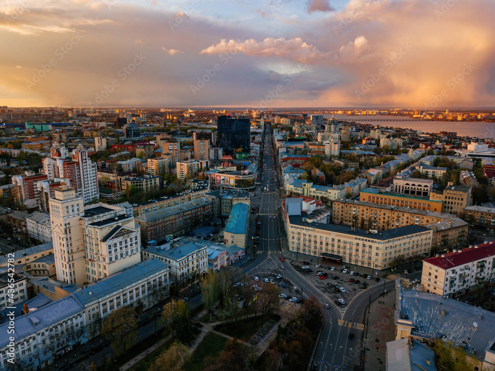 Evening spring Voronezh downtown, drone aerial view
