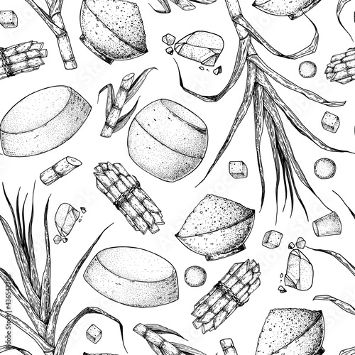 Panela sugar sketch seamless pattern. Hand drawn vector illustration. Vintage design template. Cane sugar. Gur or jggery powder. Organic unrefined. Vintage Design for packaging.