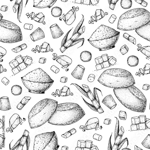 Panela sugar sketch seamless pattern. Hand drawn vector illustration. Vintage design template. Cane sugar. Gur or jggery powder. Organic unrefined. Vintage Design for packaging.
