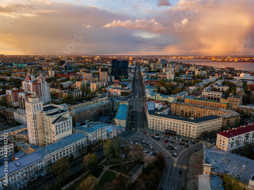 Evening spring Voronezh downtown  drone aerial view