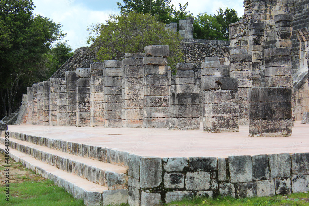 Columns in Temple of the Warriors (Templo de los Guerreros) on the territory of Chichen Itza, Yucatan, Mexico. Ancient Mayan city, mexican archaeological and historical site.