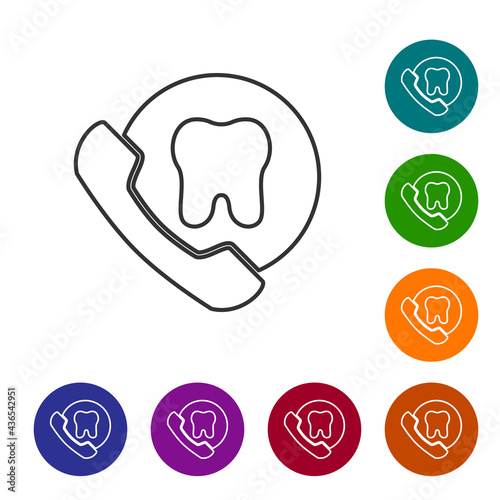 Black line Online dental care icon isolated on white background. Dental service information call center. Set icons in color circle buttons. Vector