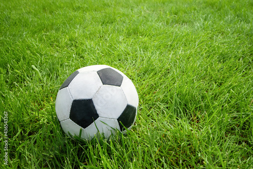 Football soccer ball on green grass field © Roman