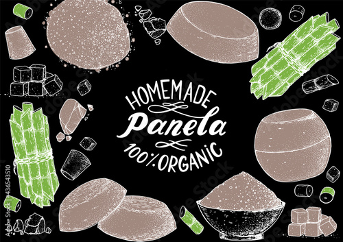 Panela sugar sketch. Hand drawn vector illustration. Vintage design template. Cane sugar. Gur or jggery powder. Organic unrefined.