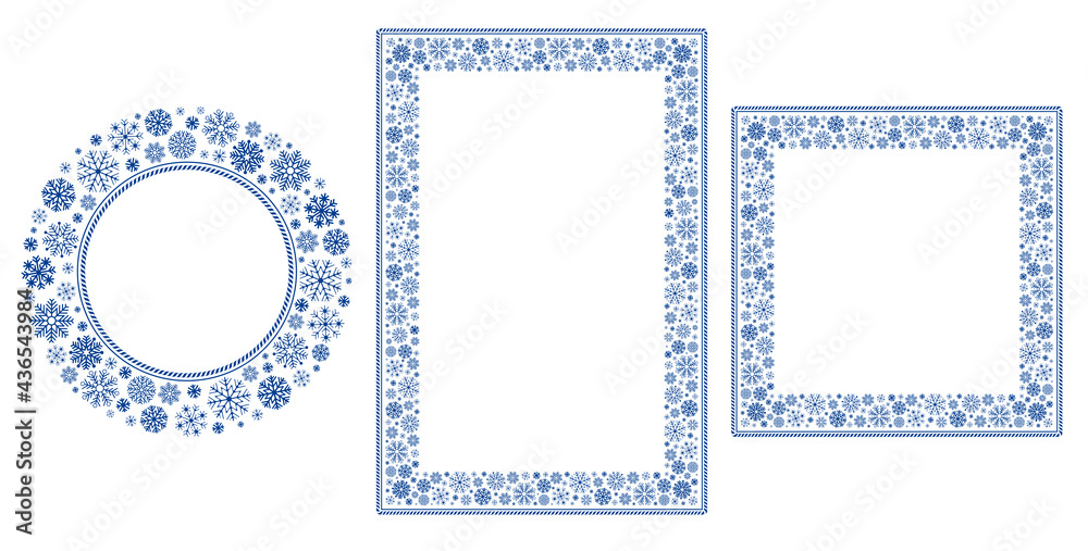 Set of vector frames with snowflakes. Square, rectangle, and circle frame . Beautiful for any plain and chic elegance designs for winter season, Christmas and New Year. 