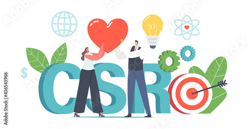 Csr, Corporate Responsibility, Social Citizenship Business Concept. Tiny Businessman and Businesswoman Holding Red Heart