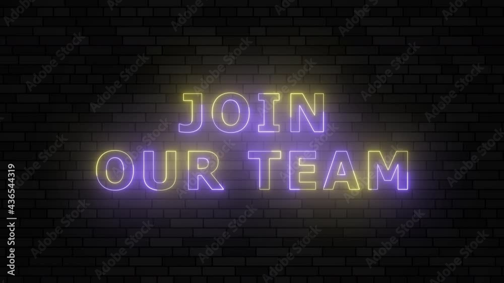 'JOIN OUR TEAM' violet and yellow neon border lines title animation. Simple seamless loop animated text. 4k typography motion graphic 'JOIN OUR TEAM' violet and yellow neon border lines title animation. Simple seamless loop animated text. 4k typography motion graphic