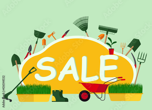 Concept of a leaflet about the sale of gardening tools with the image of shovels, trimmers, rakes and much more.