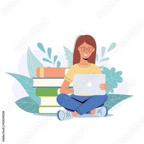 Wallpaper Mural Student girl studying with laptop. Young woman sitting on stack of books, getting knowledge online Torontodigital.ca