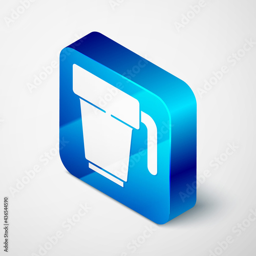 Isometric Coffee cup icon isolated on grey background. Tea cup. Hot drink coffee. Blue square button. Vector