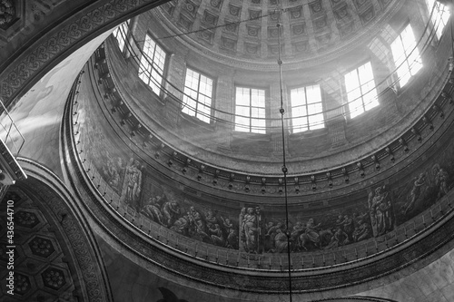 Kazan Cathedral. The interior of the temple. Interior decoration, frescoes and paintings on the walls. The Russian Orthodox Church. Black And White Photo.