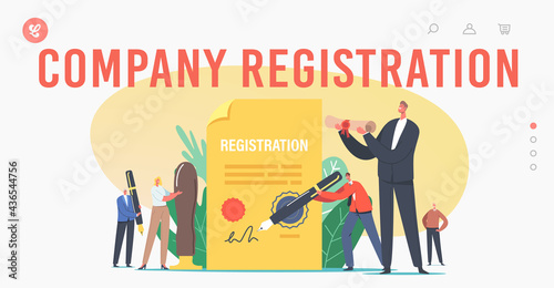 Company Registration Landing Page Template. Tiny Characters Signing Huge Paper. Business Start Up Form, Brand Identity