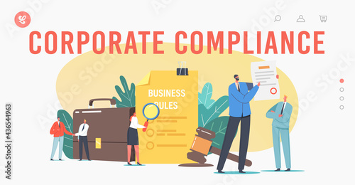 Tiny Characters Read Corporate Compliance Rules Landing Page Template. Representation of Business Laws, Regulations