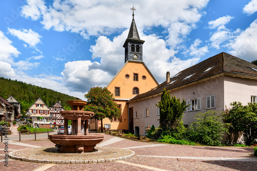 Church and Fountain in Bad Teinach. Black Forest, Baden-Wurttemberg, Germany, Europe