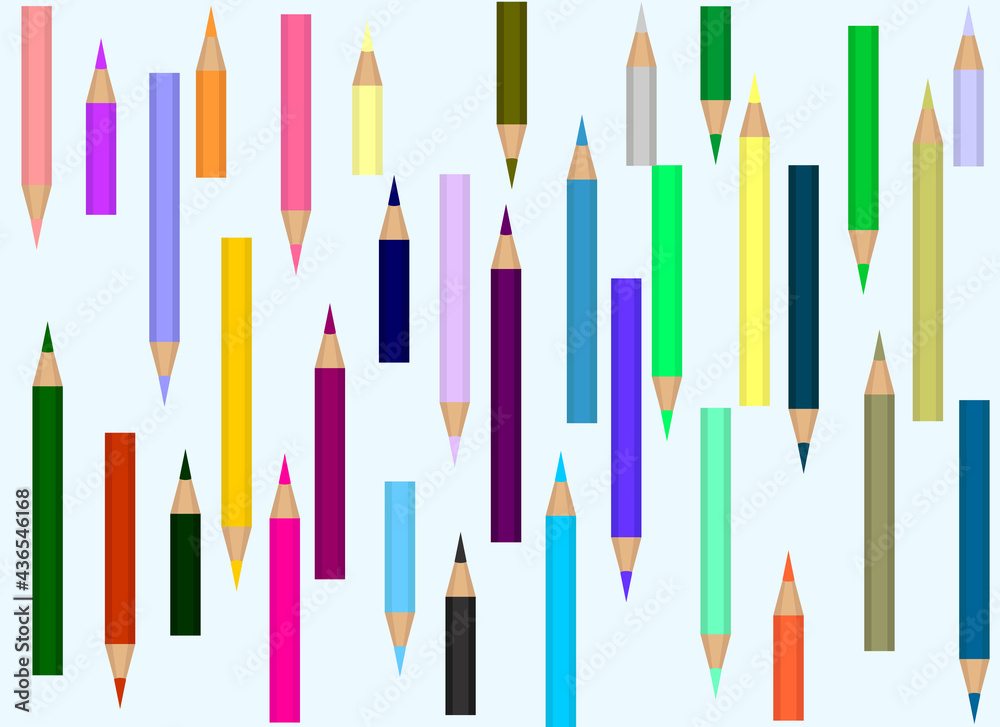 A background of a large number of colored pencils. Many rows of pencils one by one