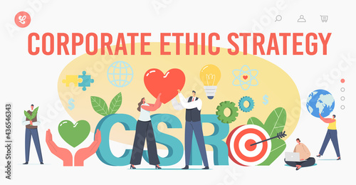 Corporate Ethic Strategy Landing Page Template. Tiny Characters Csr, Social Responsibility, Ethical and Honest Business