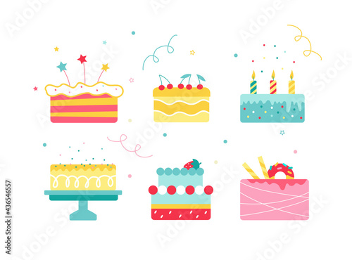Vector illustration of colorful cakes isolated on white background.