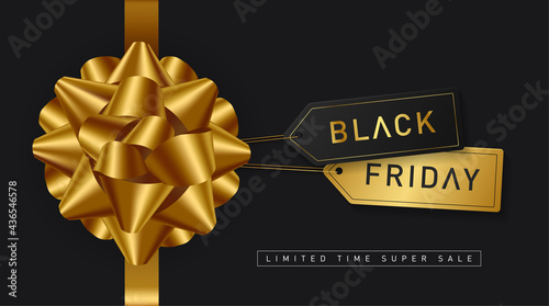 Black friday sale Background. Festive design of realistic black gifts box, glitter silver snowflake, golden stars. Vector poster, banner, greeting cards. 