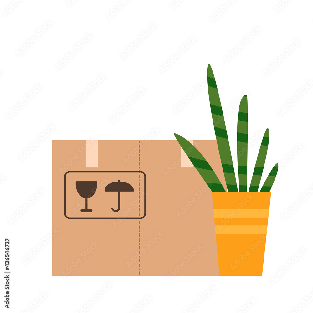 Vector illustration of paper moving box and home plant
