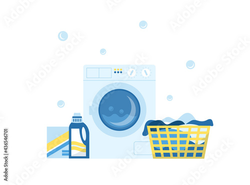 Washing machine with laundry and washing powder.