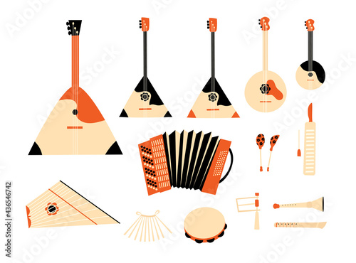 Vector illustration of folk orchestra instruments on white background.  Accordion, horn, balalaika, spoons, tambourine.