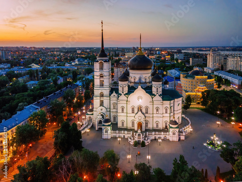 Evening summer Voronezh, Annunciation Cathedral, aerial drone view