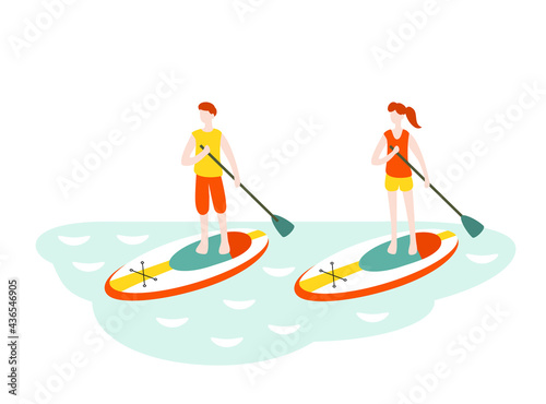 Vector illustration of boy and a girl sup surfing in the sea. Sup standup paddleboarding.